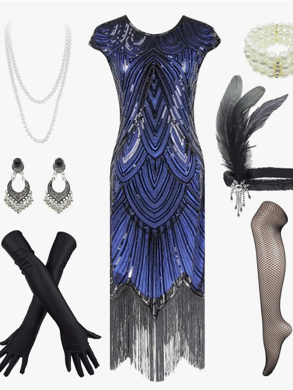 1920s Gatsby Sequin Fringed Paisley Flapper Dress with  Accessories Set Medium